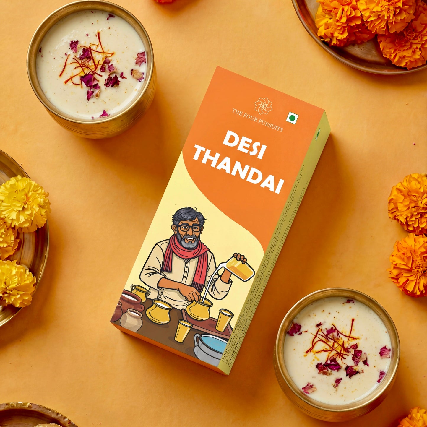 Authentic Desi Thandai powder made from a rich blend of premium nuts and aromatic spices. A refreshing, 100% natural instant milk masala mix perfect for Holi celebrations and summer cooling.