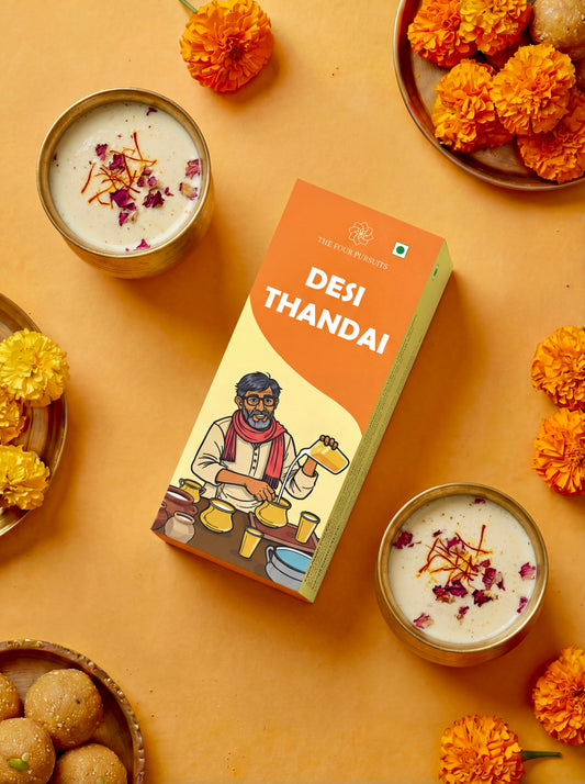 Authentic Desi Thandai powder made from a rich blend of premium nuts and aromatic spices. A refreshing, 100% natural instant milk masala mix perfect for Holi celebrations and summer cooling.