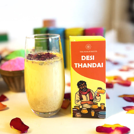 Authentic Desi Thandai powder made from a rich blend of premium nuts and aromatic spices. A refreshing, 100% natural instant milk masala mix perfect for Holi celebrations and summer cooling.