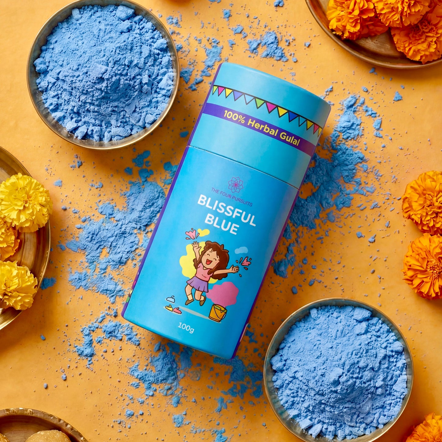 Soft Green Phagwa powder derived from sacred temple flowers, offering a biodegradable and herbal alternative for a safe and joyful Holi celebration.