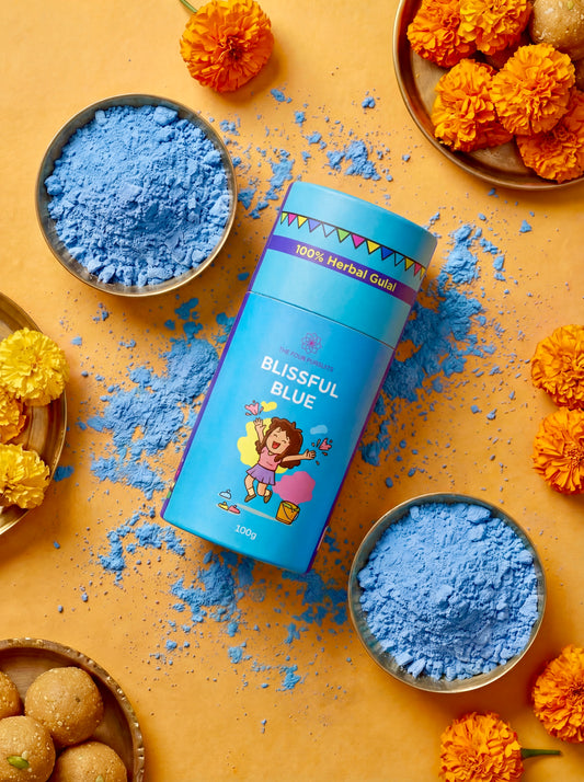 Soft Green Phagwa powder derived from sacred temple flowers, offering a biodegradable and herbal alternative for a safe and joyful Holi celebration.