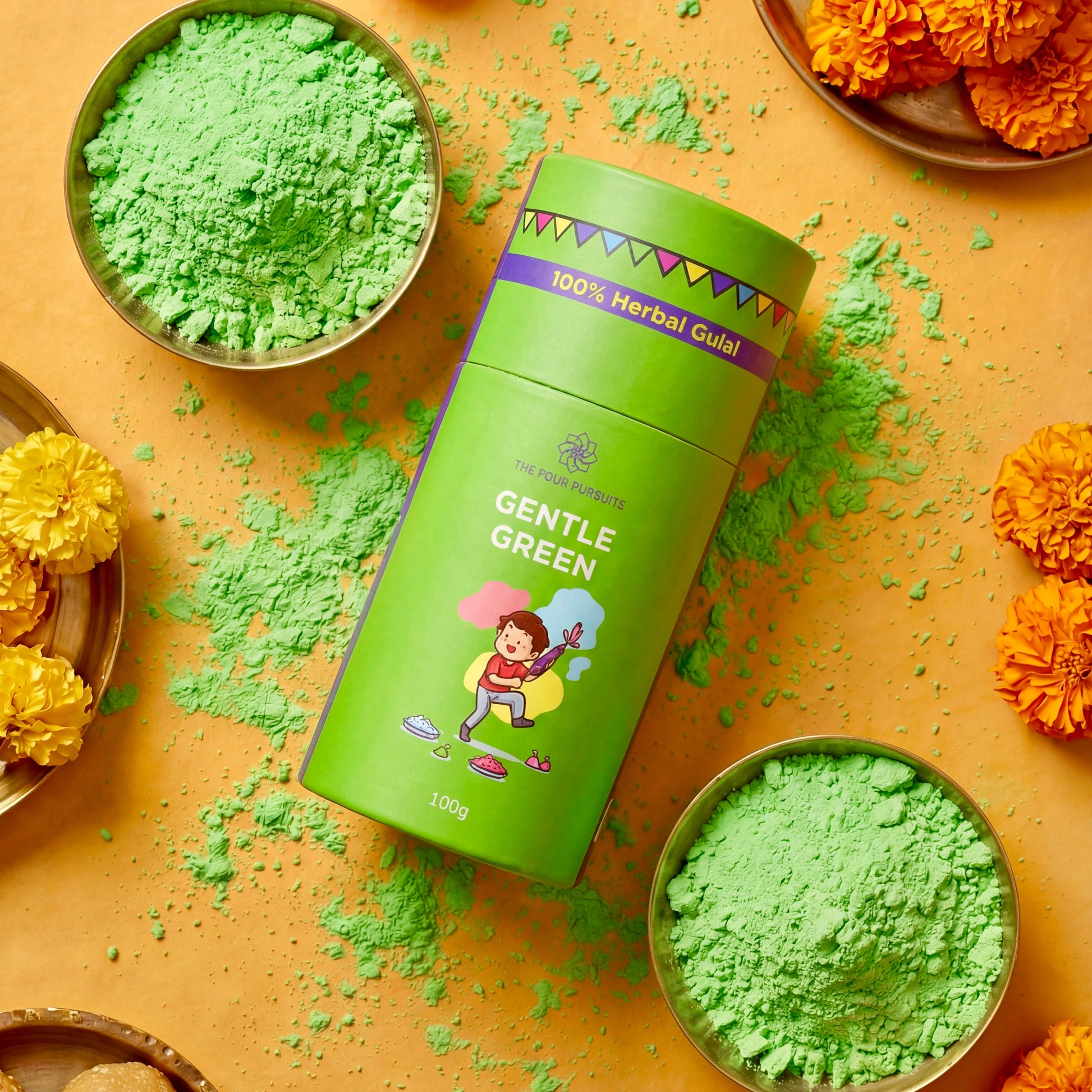 Natural soft green Phagwa powder derived from sacred flowers, 100% biodegradable and skin-safe.