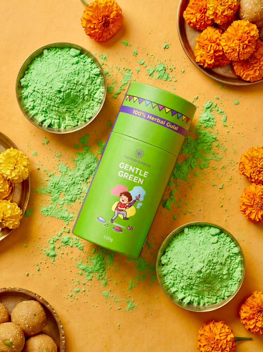Natural soft green Phagwa powder derived from sacred flowers, 100% biodegradable and skin-safe.