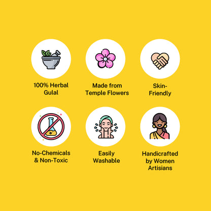 Infographic showing 7 key benefits of Herbal Holi Gulal and Phagwa Powder: 100% Herbal, Made from Temple Flowers, Skin-Friendly, No Chemicals & Non-Toxic, Easily Washable, Eco-Friendly, and Handcrafted by Women Artisans.