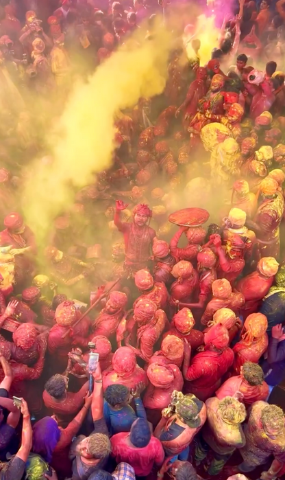 Large crowd celebrating Holi and Phagwa with safe herbal gulal. A vibrant cloud of natural yellow color powder fills the air, safe for community events.