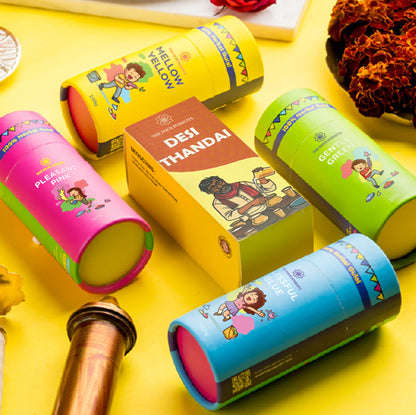 Complete Holi Gift Hamper with 4 Natural Phagwa Poeder made from Upcycled Temple Flowers - Skin Safe and Non-Toxic and Desi Thandai Mix - The Four Pursuits