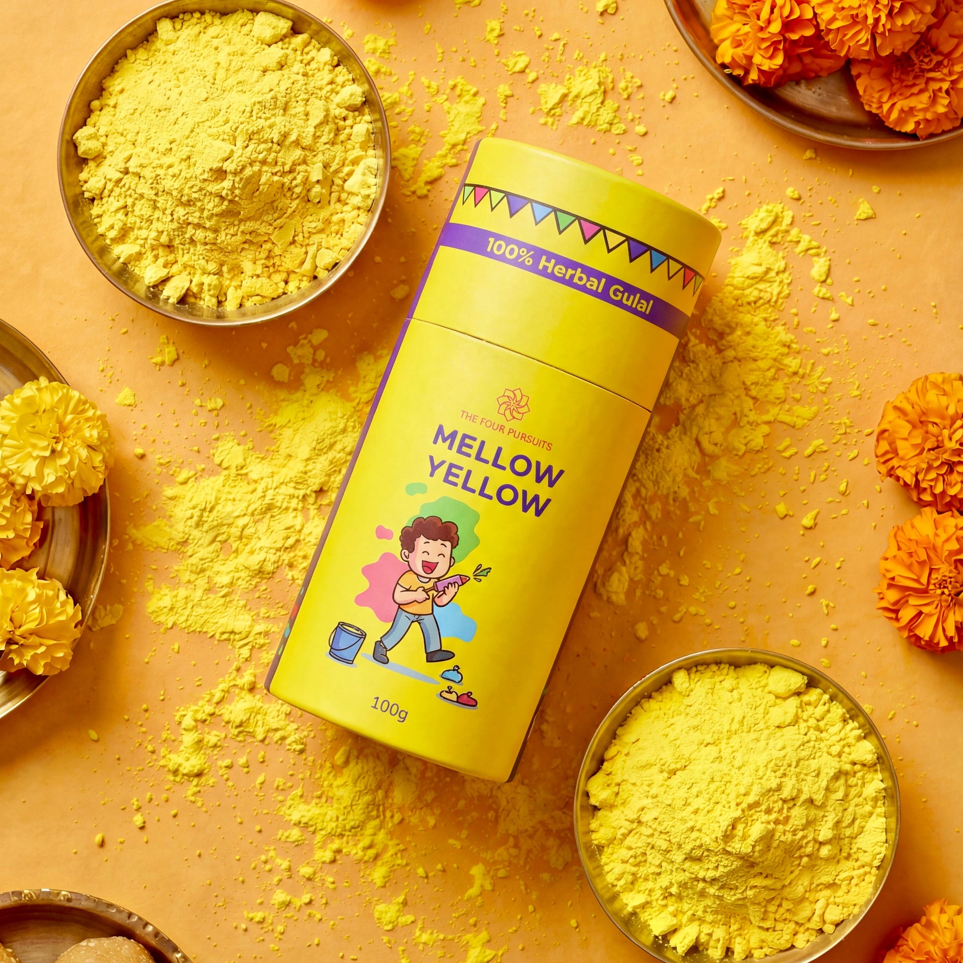 Bright Yellow Herbal Holi powder handcrafted from upcycled temple flowers, a 100% natural and organic Phagwa color that is safe for skin and children.