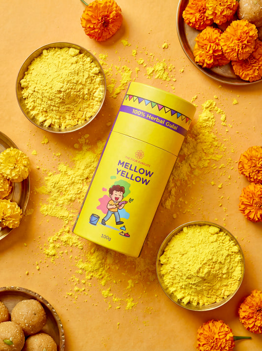 Bright Yellow Herbal Holi powder handcrafted from upcycled temple flowers, a 100% natural and organic Phagwa color that is safe for skin and children.