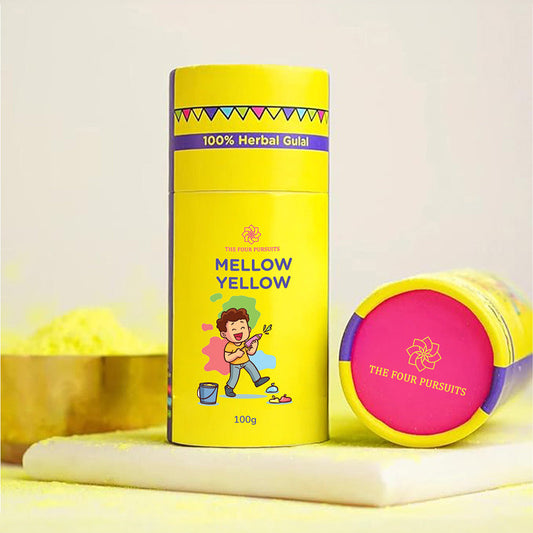 Bright Yellow Herbal Holi powder handcrafted from upcycled temple flowers, a 100% natural and organic Phagwa color that is safe for skin and children.